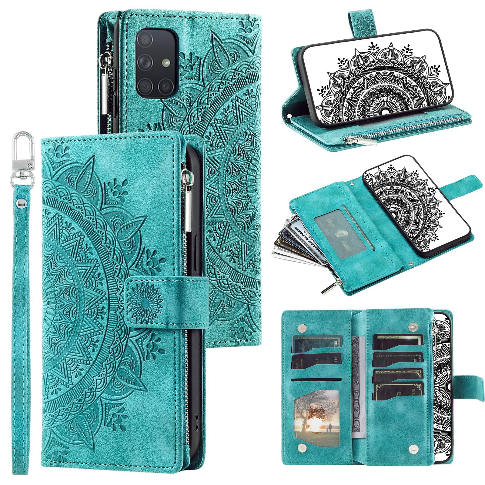 For Samsung Galaxy A51 4G SM-A515 PU Leather Phone Case Mandala Flower Imprinted Shockproof Cover Magnetic Clasp Multi Card Slot Phone Shell with Zippered Wallet / Strap