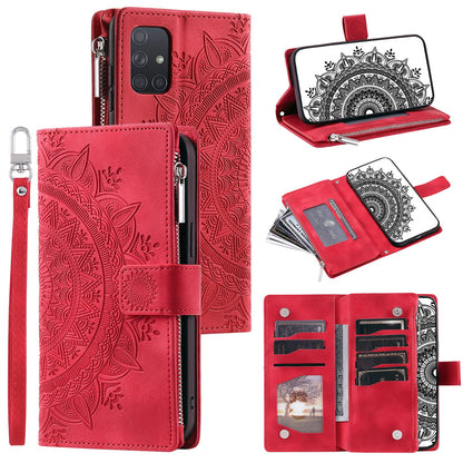 For Samsung Galaxy A51 4G SM-A515 PU Leather Phone Case Mandala Flower Imprinted Shockproof Cover Magnetic Clasp Multi Card Slot Phone Shell with Zippered Wallet / Strap