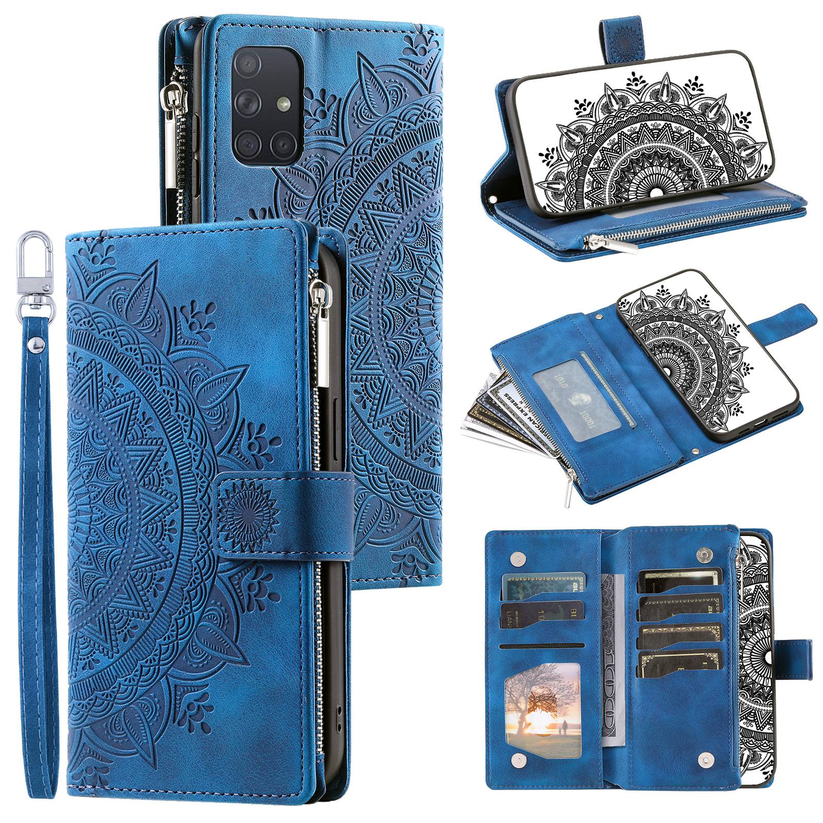 For Samsung Galaxy A51 4G SM-A515 PU Leather Phone Case Mandala Flower Imprinted Shockproof Cover Magnetic Clasp Multi Card Slot Phone Shell with Zippered Wallet / Strap