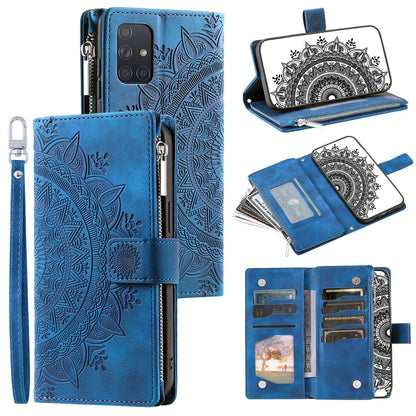 For Samsung Galaxy A51 4G SM-A515 PU Leather Phone Case Mandala Flower Imprinted Shockproof Cover Magnetic Clasp Multi Card Slot Phone Shell with Zippered Wallet / Strap