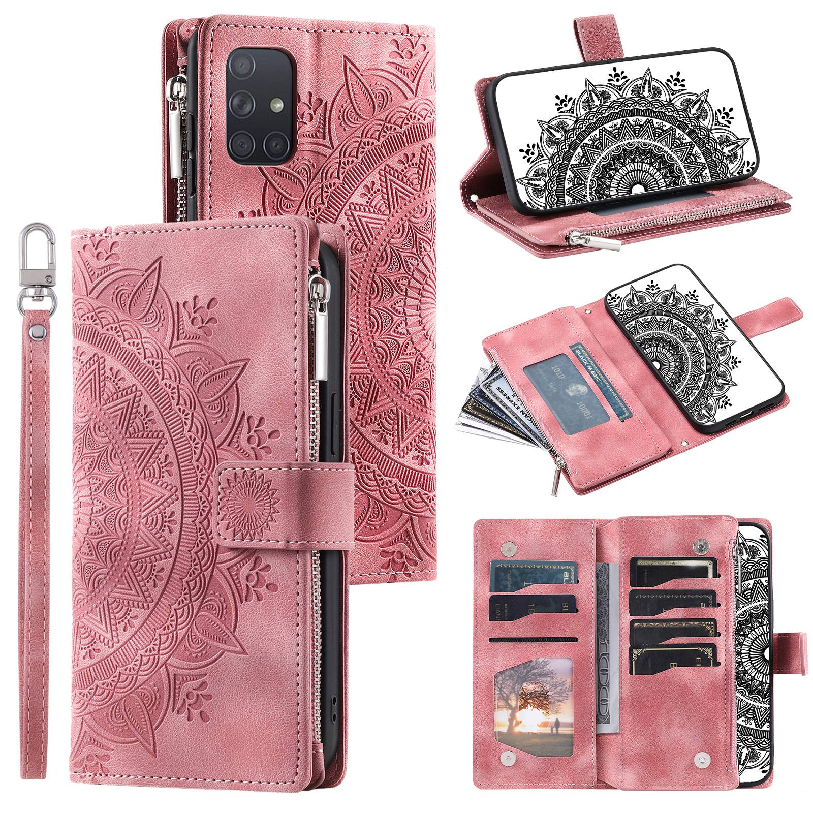 For Samsung Galaxy A51 4G SM-A515 PU Leather Phone Case Mandala Flower Imprinted Shockproof Cover Magnetic Clasp Multi Card Slot Phone Shell with Zippered Wallet / Strap