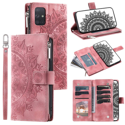 For Samsung Galaxy A51 4G SM-A515 PU Leather Phone Case Mandala Flower Imprinted Shockproof Cover Magnetic Clasp Multi Card Slot Phone Shell with Zippered Wallet / Strap