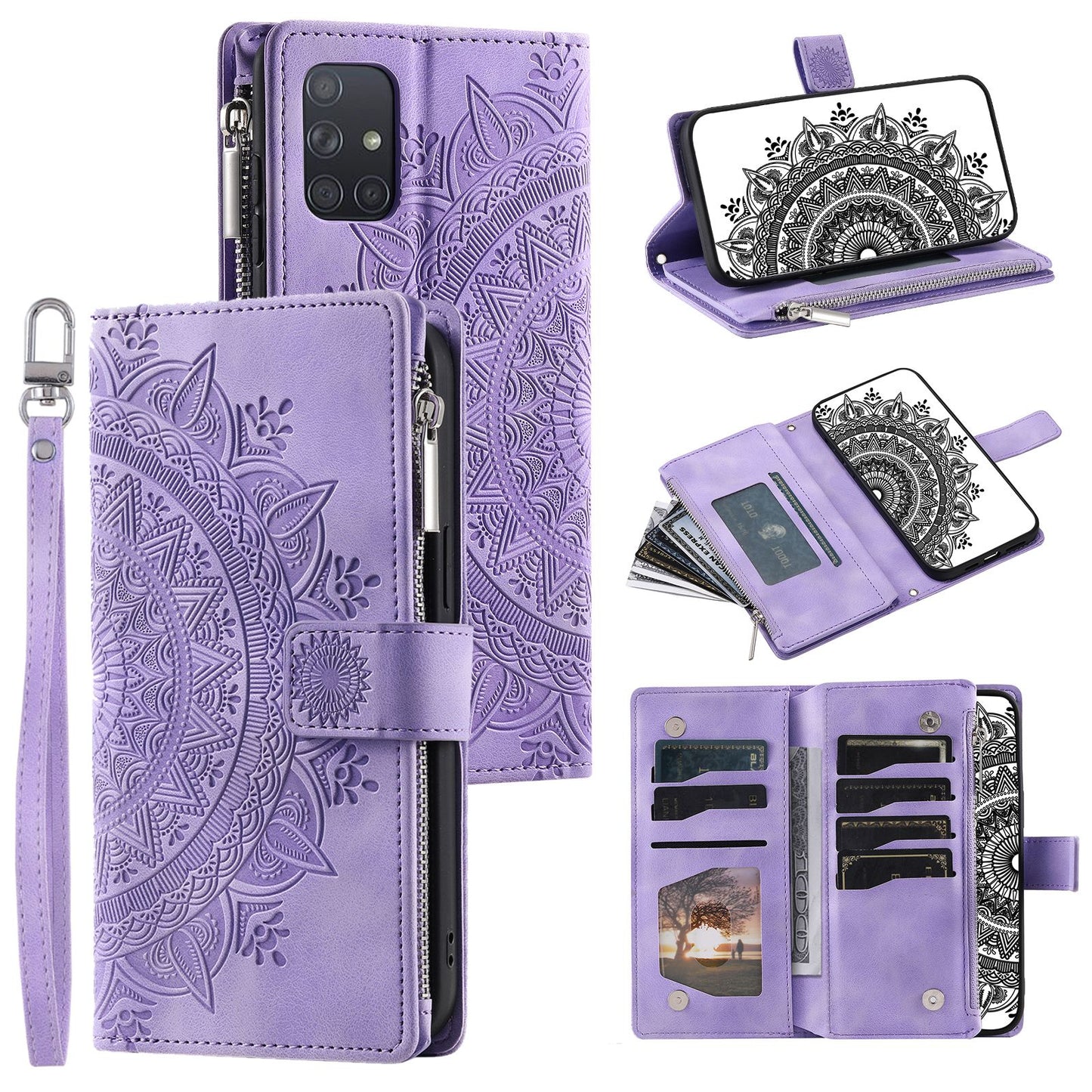 For Samsung Galaxy A51 4G SM-A515 PU Leather Phone Case Mandala Flower Imprinted Shockproof Cover Magnetic Clasp Multi Card Slot Phone Shell with Zippered Wallet / Strap