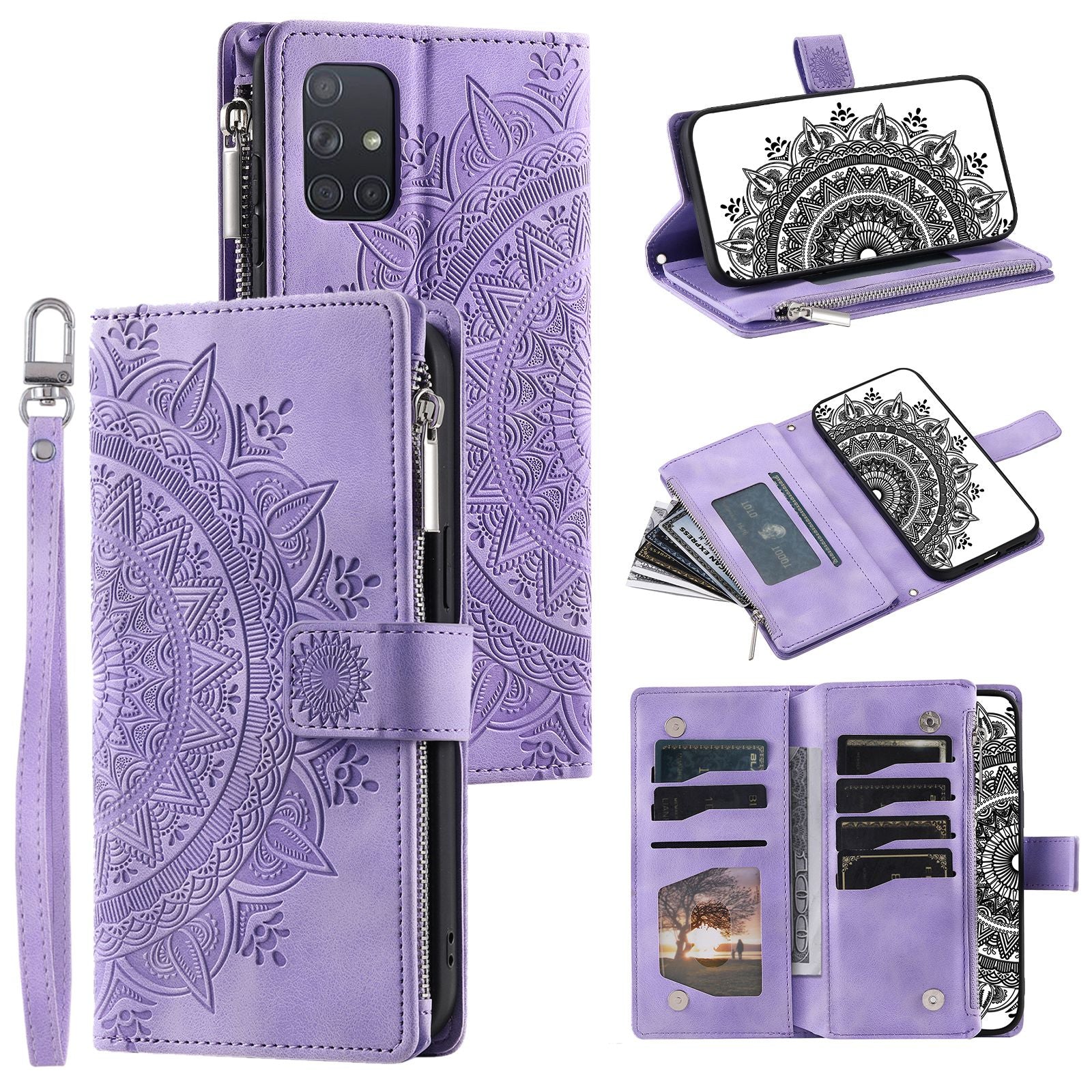 For Samsung Galaxy A51 4G SM-A515 PU Leather Phone Case Mandala Flower Imprinted Shockproof Cover Magnetic Clasp Multi Card Slot Phone Shell with Zippered Wallet / Strap