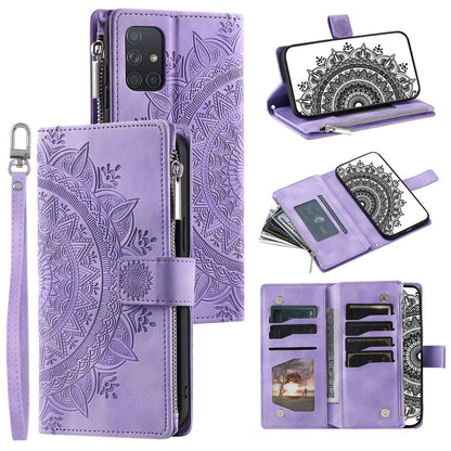 For Samsung Galaxy A51 4G SM-A515 PU Leather Phone Case Mandala Flower Imprinted Shockproof Cover Magnetic Clasp Multi Card Slot Phone Shell with Zippered Wallet / Strap