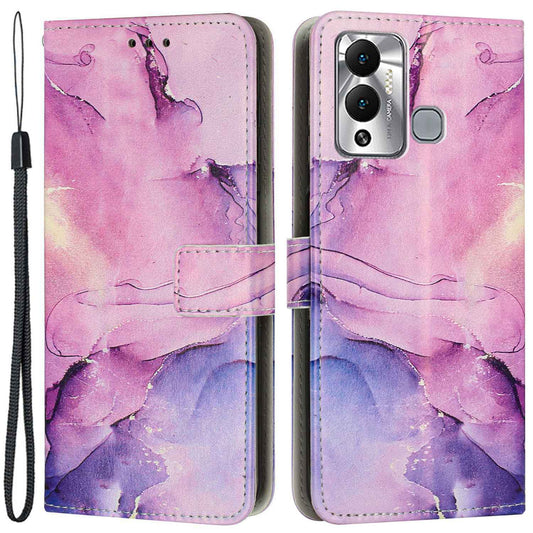 For Infinix Hot 12 Play 4G PU Leather Flip Stand Wallet Case Marble Pattern Printing Book Style Phone Cover with Strap