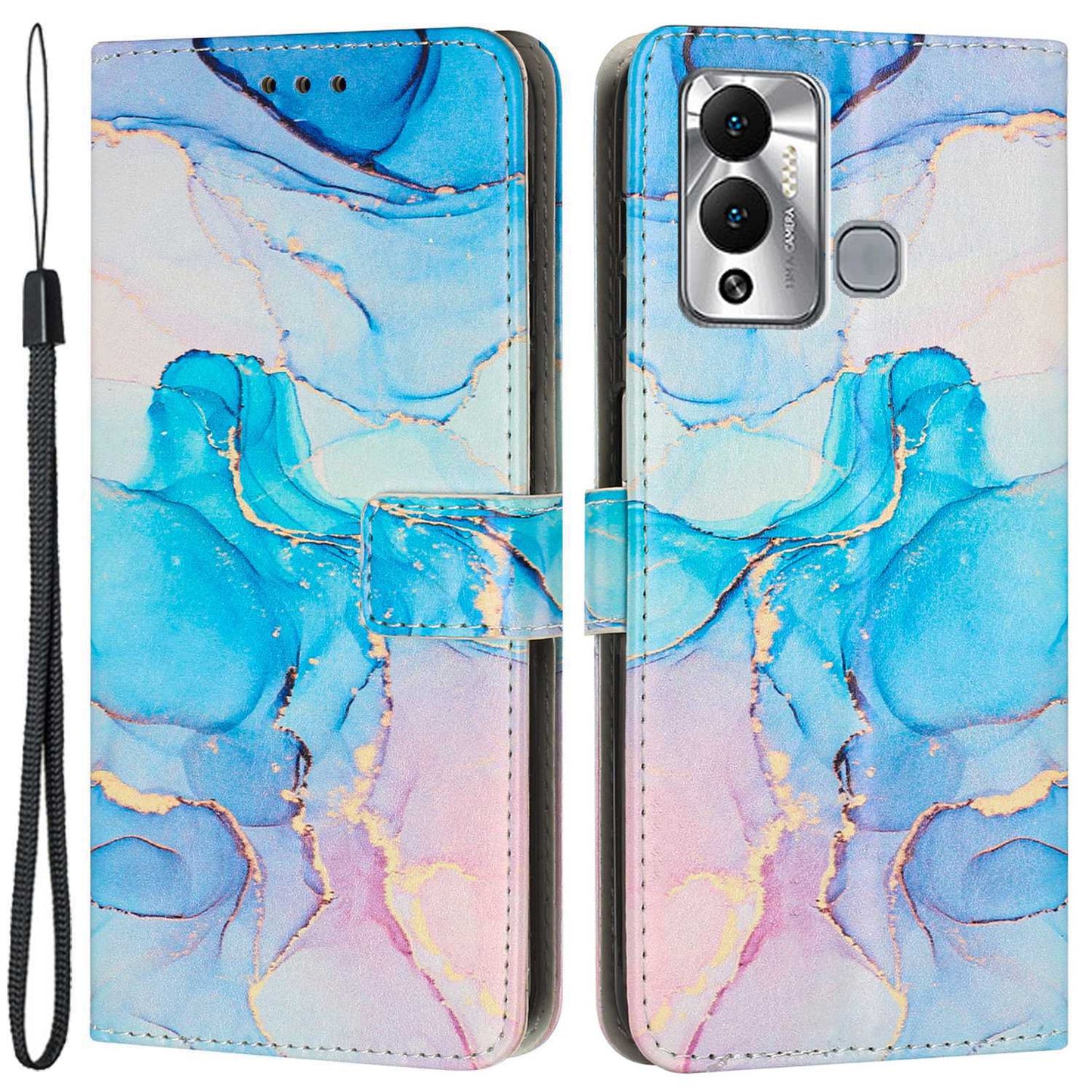 For Infinix Hot 12 Play 4G PU Leather Flip Stand Wallet Case Marble Pattern Printing Book Style Phone Cover with Strap