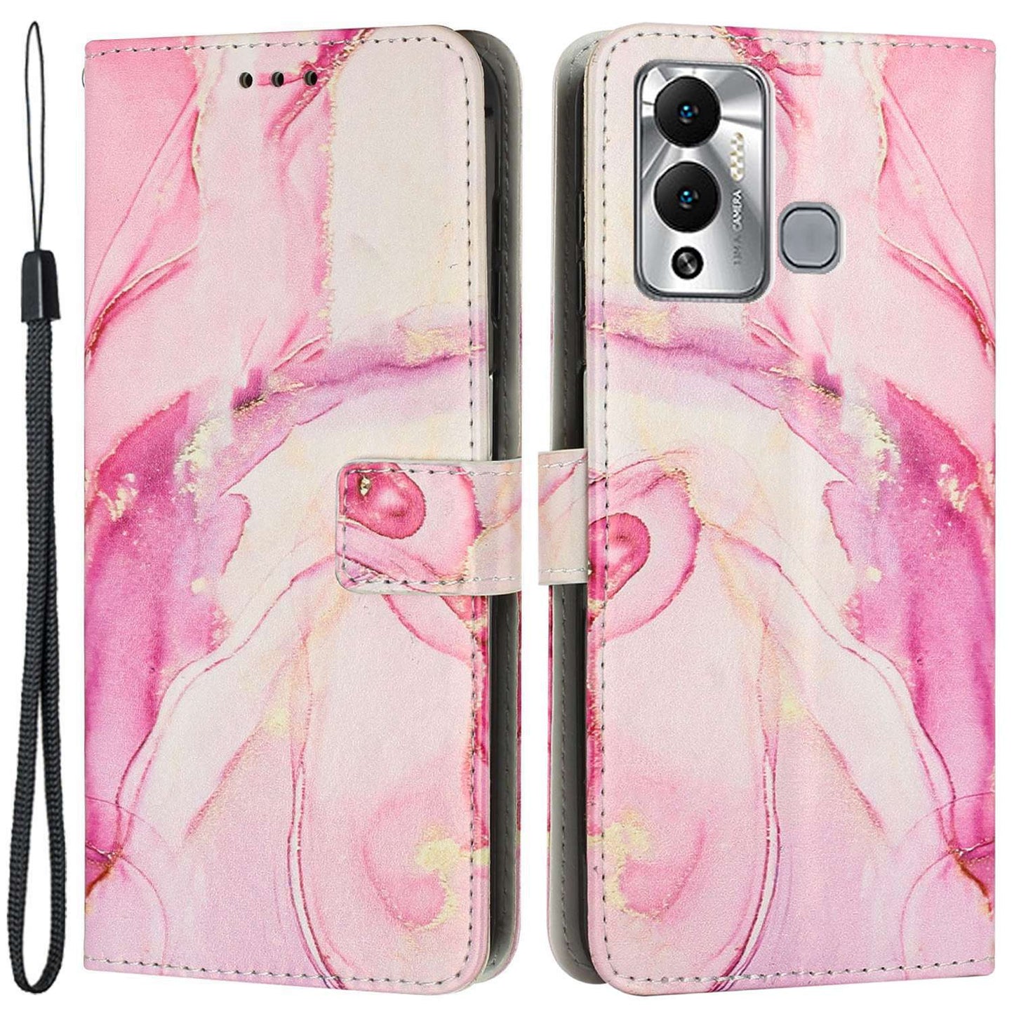 For Infinix Hot 12 Play 4G PU Leather Flip Stand Wallet Case Marble Pattern Printing Book Style Phone Cover with Strap