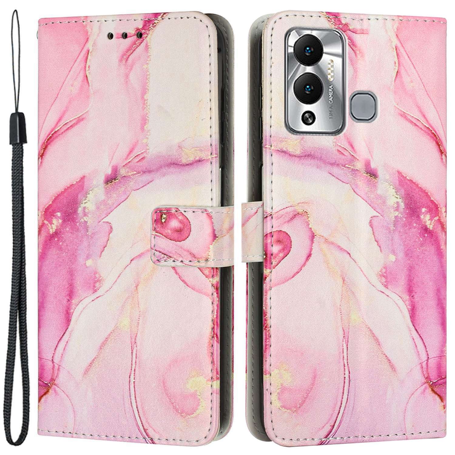 For Infinix Hot 12 Play 4G PU Leather Flip Stand Wallet Case Marble Pattern Printing Book Style Phone Cover with Strap