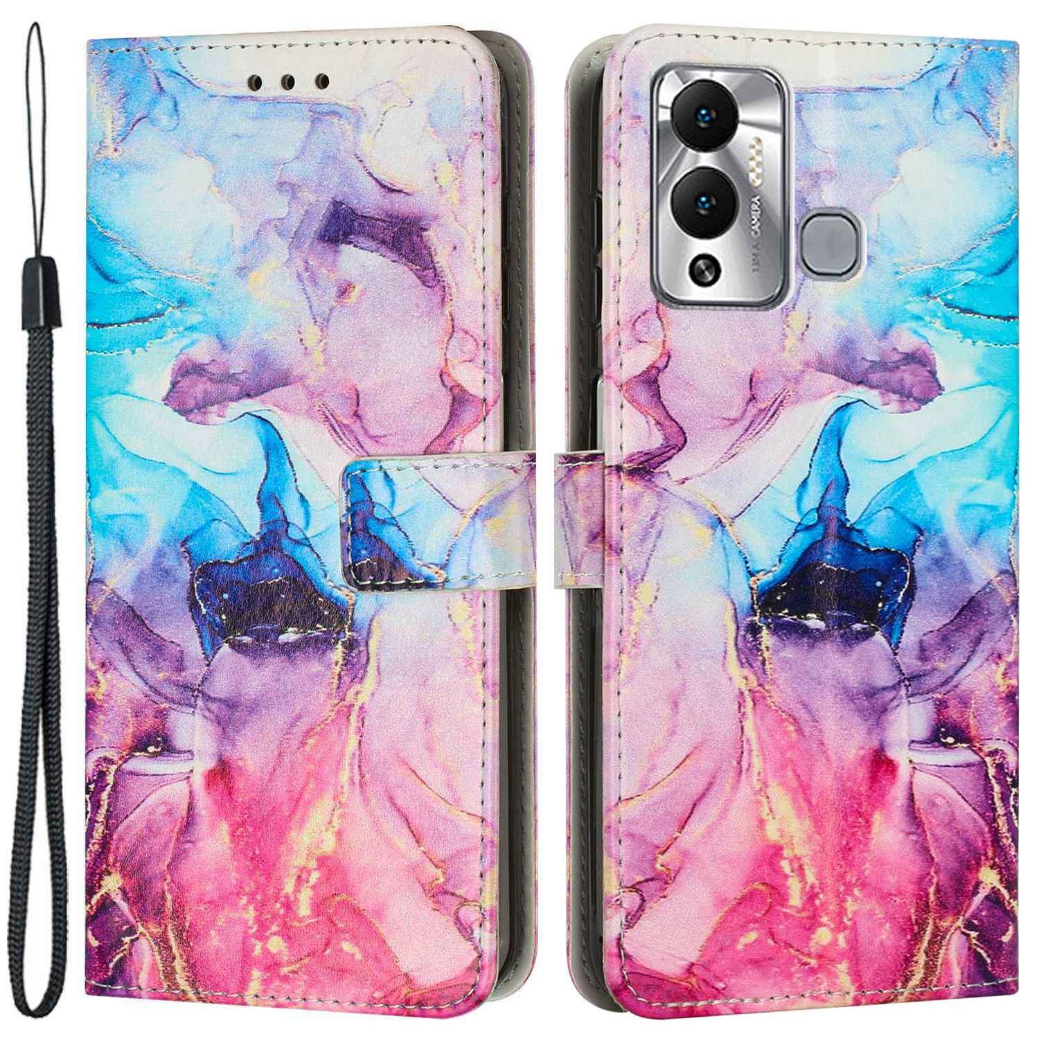 For Infinix Hot 12 Play 4G PU Leather Flip Stand Wallet Case Marble Pattern Printing Book Style Phone Cover with Strap