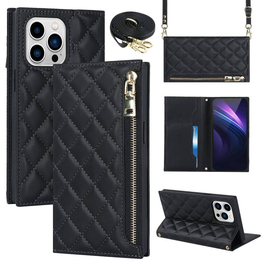 For iPhone 13 Pro 6.1 inch Stitching Rhombus Texture PU Leather Zipper Pocket Phone Case Wallet Stand Cover with Long Strap