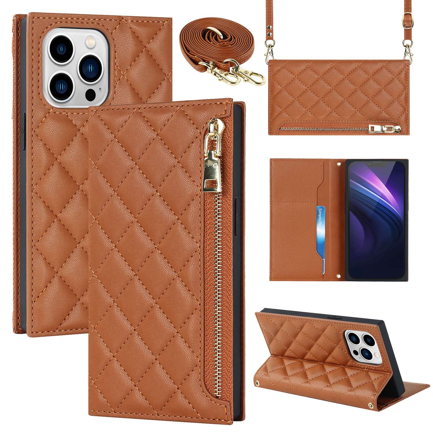 For iPhone 13 Pro 6.1 inch Stitching Rhombus Texture PU Leather Zipper Pocket Phone Case Wallet Stand Cover with Long Strap
