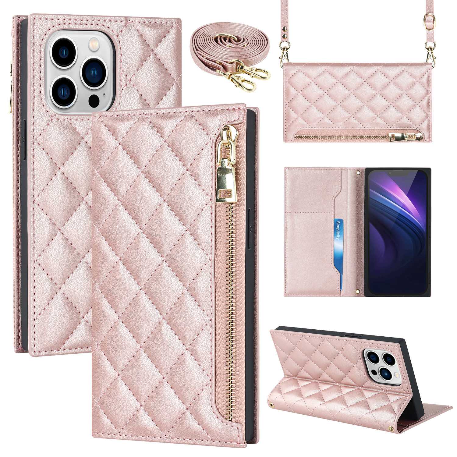 For iPhone 13 Pro 6.1 inch Stitching Rhombus Texture PU Leather Zipper Pocket Phone Case Wallet Stand Cover with Long Strap