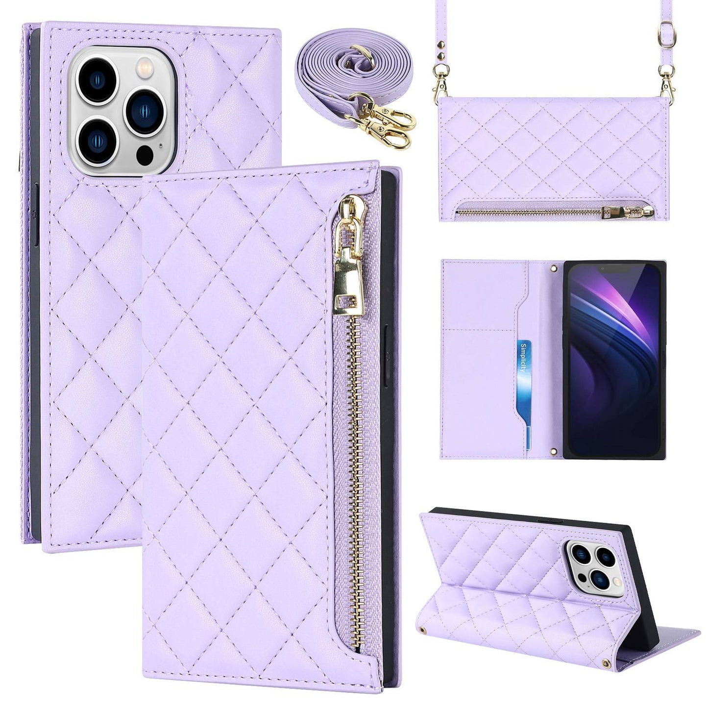 For iPhone 13 Pro 6.1 inch Stitching Rhombus Texture PU Leather Zipper Pocket Phone Case Wallet Stand Cover with Long Strap
