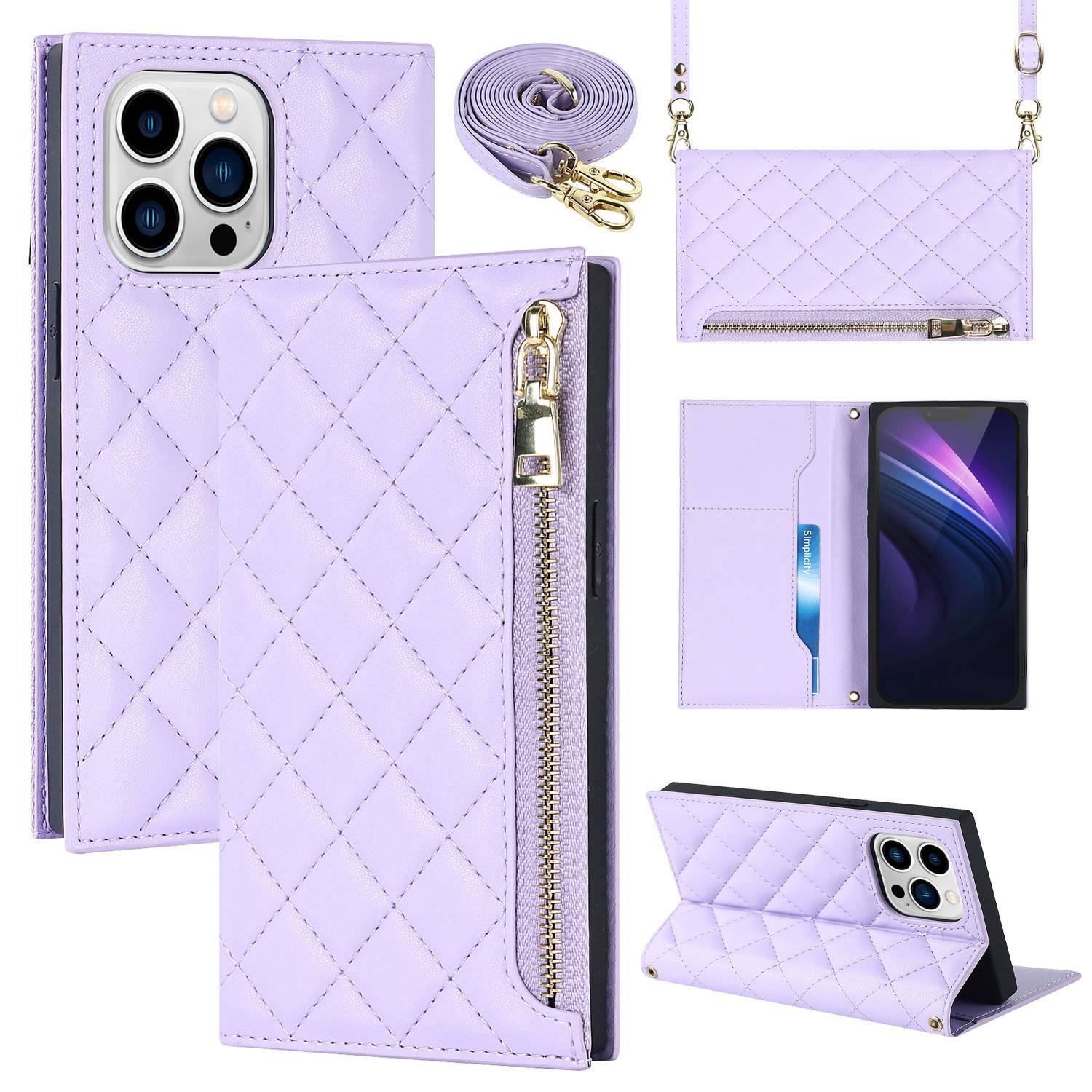 For iPhone 13 Pro 6.1 inch Stitching Rhombus Texture PU Leather Zipper Pocket Phone Case Wallet Stand Cover with Long Strap
