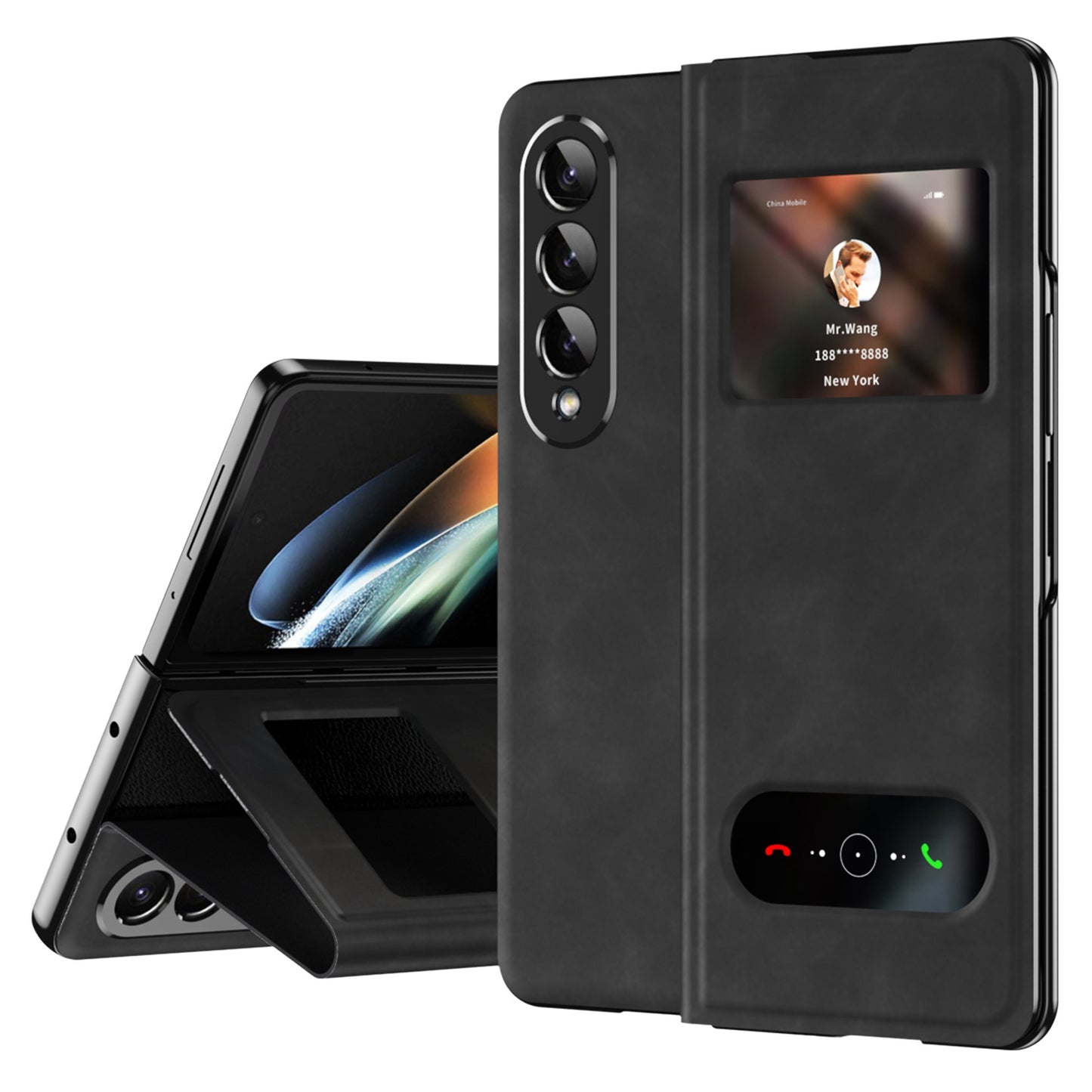 For Samsung Galaxy Z Fold3 5G Nappa Texture PU Leather + PC Phone Stand Case View Window Design Full Protection Cover