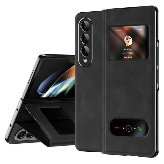 For Samsung Galaxy Z Fold3 5G Nappa Texture PU Leather + PC Phone Stand Case View Window Design Full Protection Cover