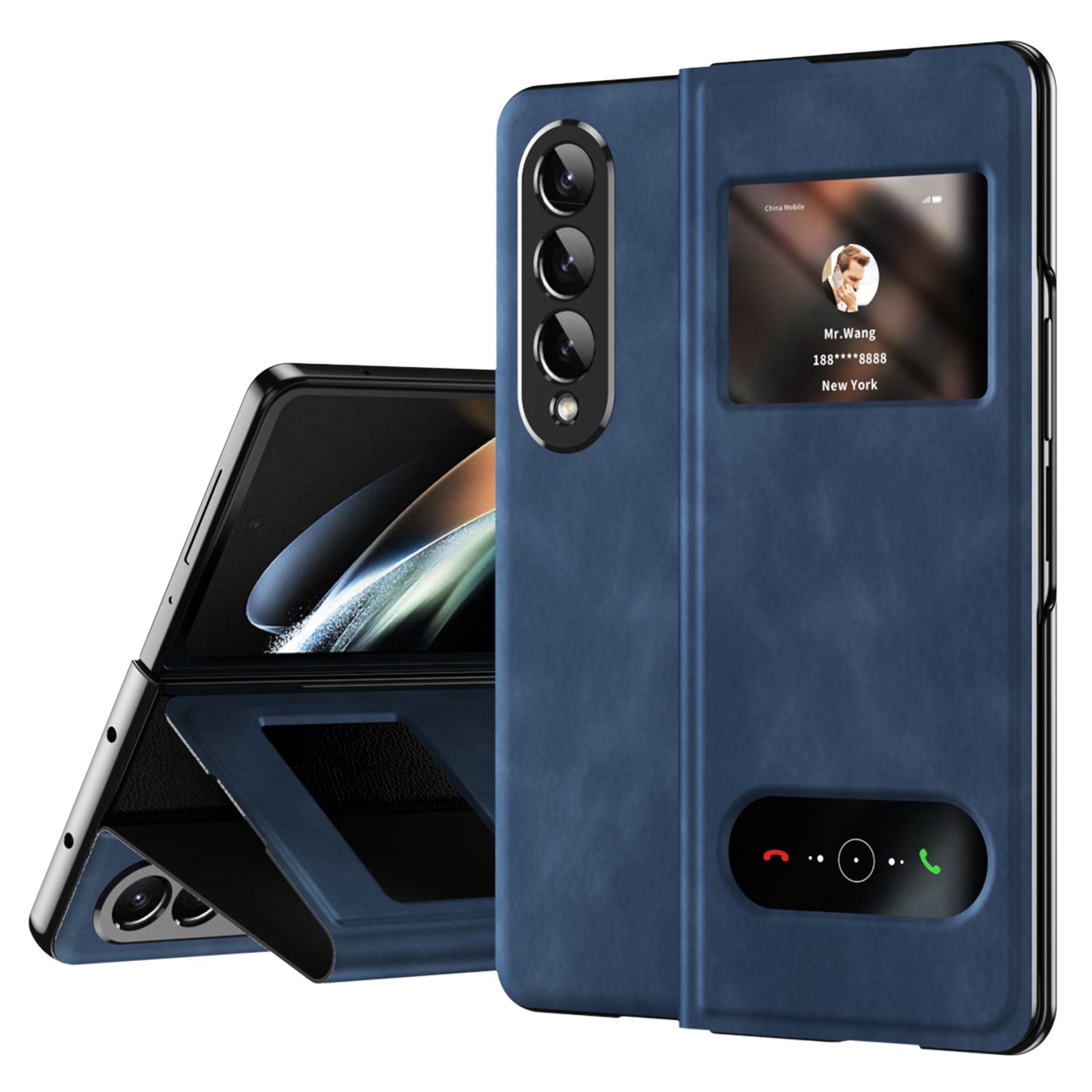 For Samsung Galaxy Z Fold3 5G Nappa Texture PU Leather + PC Phone Stand Case View Window Design Full Protection Cover