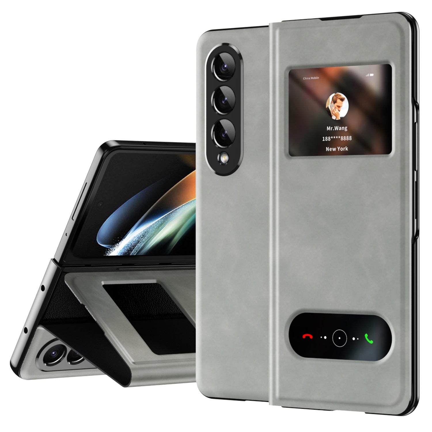 For Samsung Galaxy Z Fold3 5G Nappa Texture PU Leather + PC Phone Stand Case View Window Design Full Protection Cover