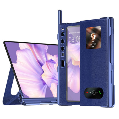 For Huawei Mate Xs 2 Cross Texture Stand Folio Phone Case PU Leather + PC Anti-Scratch Electroplating Cover with Tempered Glass Film and Stylus Pen