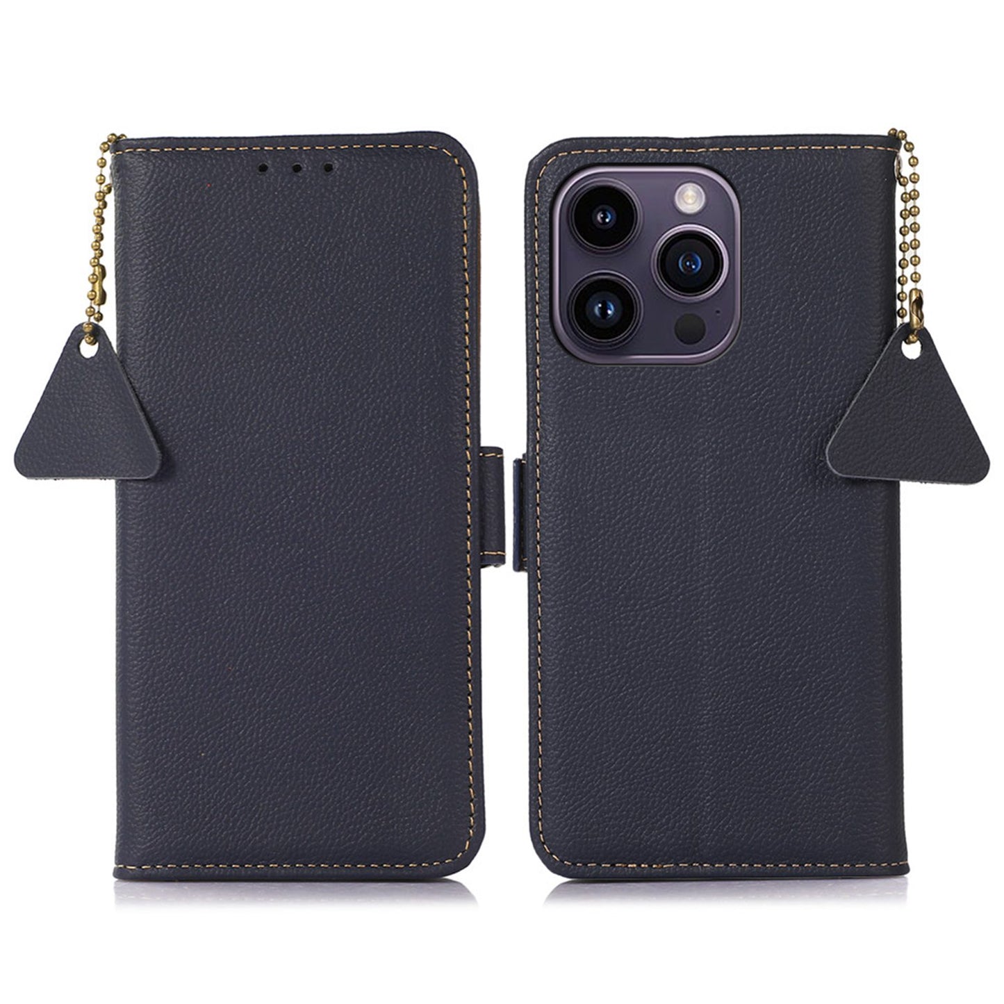 TJ Genuine Cowhide Leather Phone Case for iPhone 13 Pro 6.1 inch, Shockproof RFID Blocking Wallet Cell Phone Stand Cover