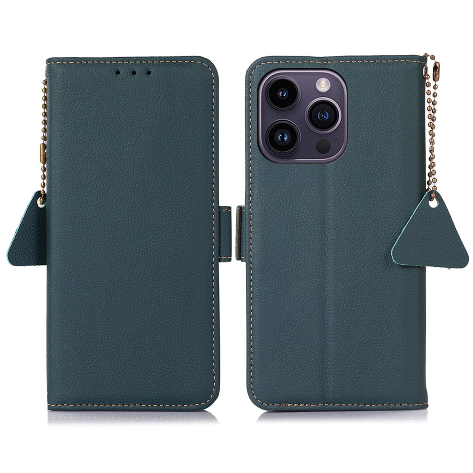 TJ Genuine Cowhide Leather Phone Case for iPhone 13 Pro 6.1 inch, Shockproof RFID Blocking Wallet Cell Phone Stand Cover
