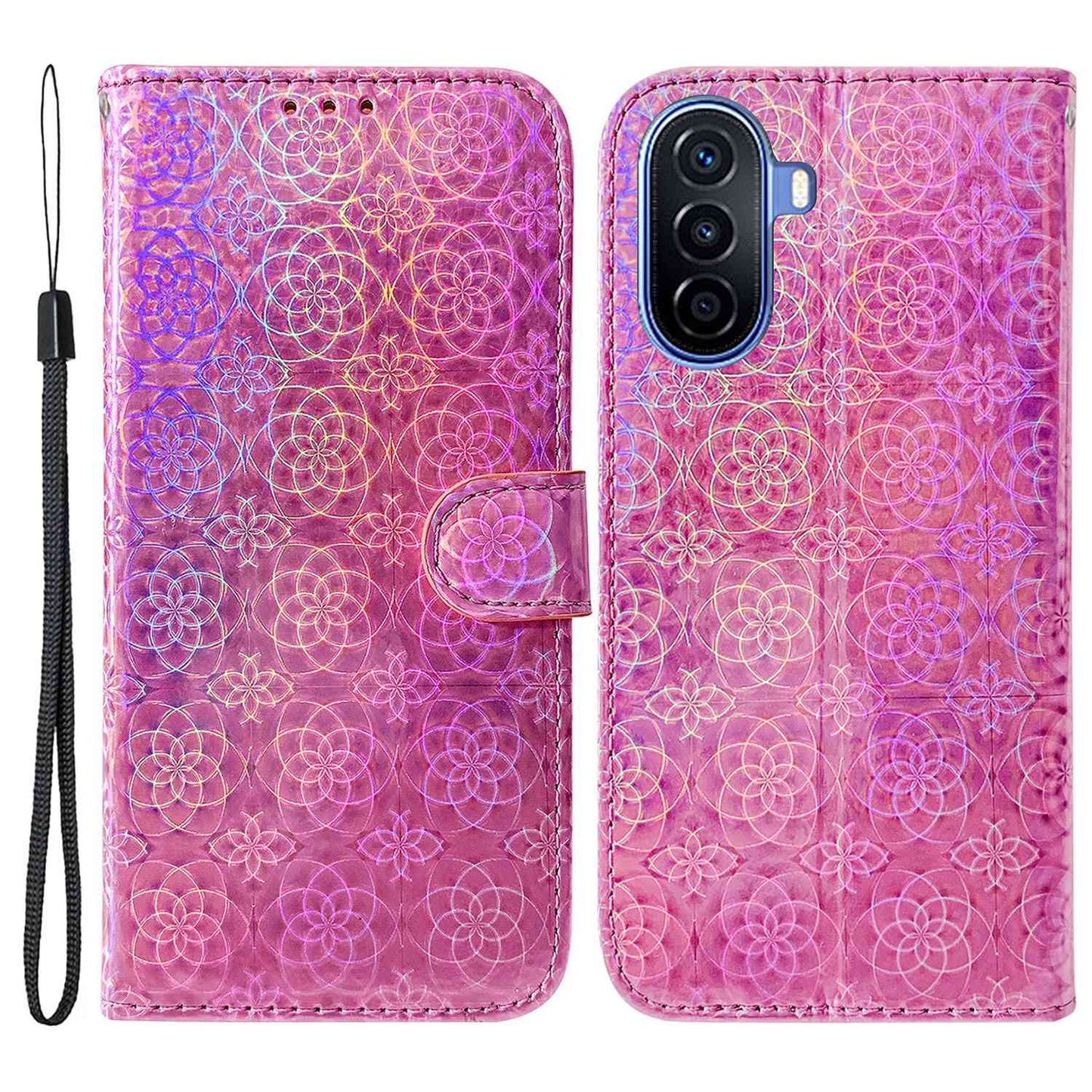 For Huawei nova Y70 Plus 4G Dazzling Flower Pattern Flip Phone Case PU Leather Magnetic Clasp Book Stand Wallet Phone Cover with Strap