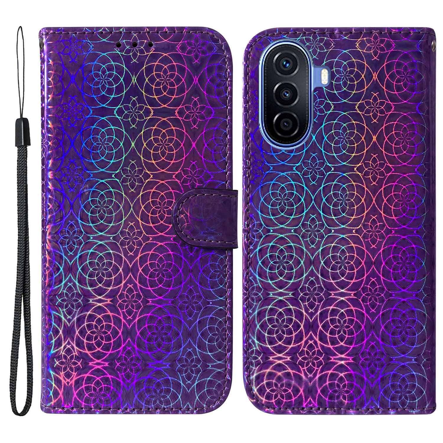 For Huawei nova Y70 Plus 4G Dazzling Flower Pattern Flip Phone Case PU Leather Magnetic Clasp Book Stand Wallet Phone Cover with Strap