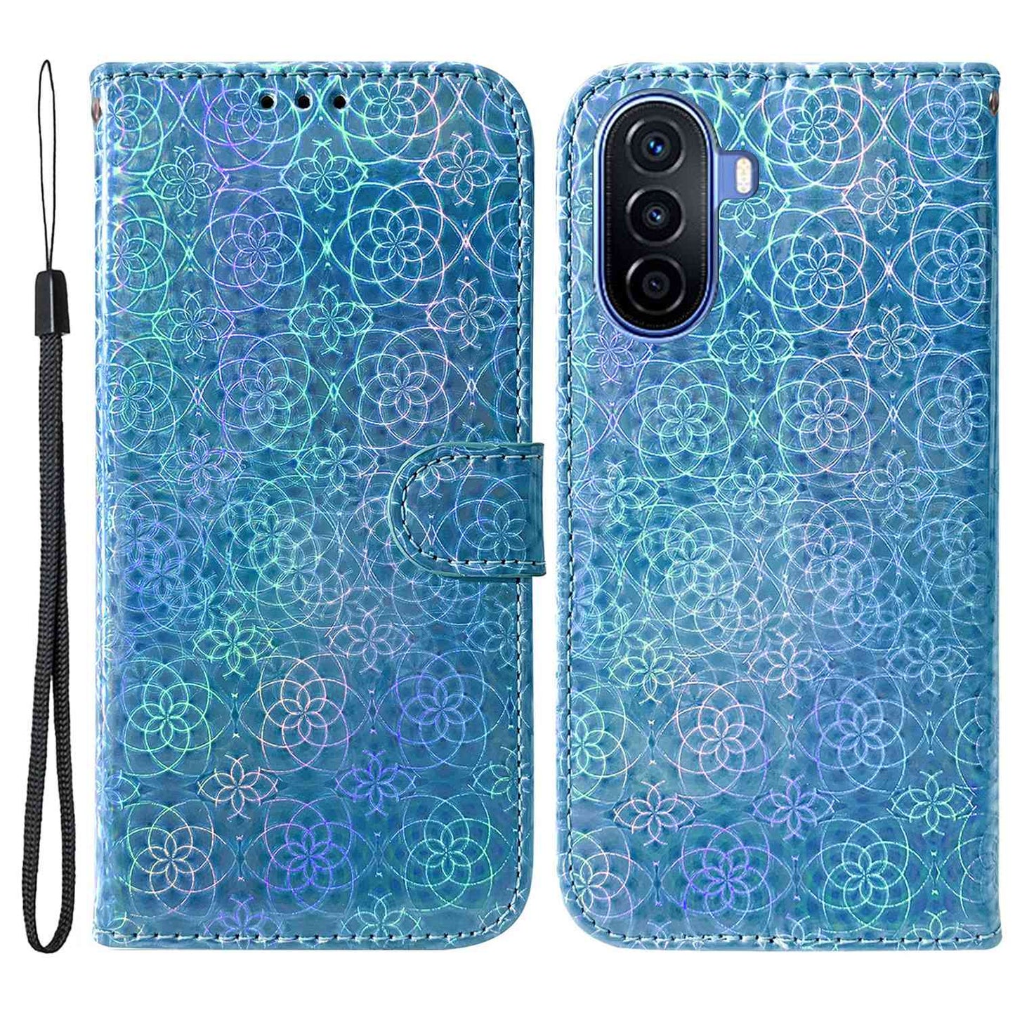 For Huawei nova Y70 Plus 4G Dazzling Flower Pattern Flip Phone Case PU Leather Magnetic Clasp Book Stand Wallet Phone Cover with Strap