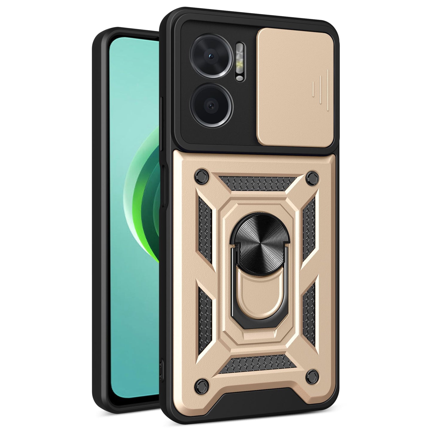 Bump Proof Phone Case for Xiaomi Redmi Note 11E 5G / Redmi 10 5G / 10 Prime+ 5G, PC + TPU Protective Back Cover with Slide Camera Protector and Ring Kickstand