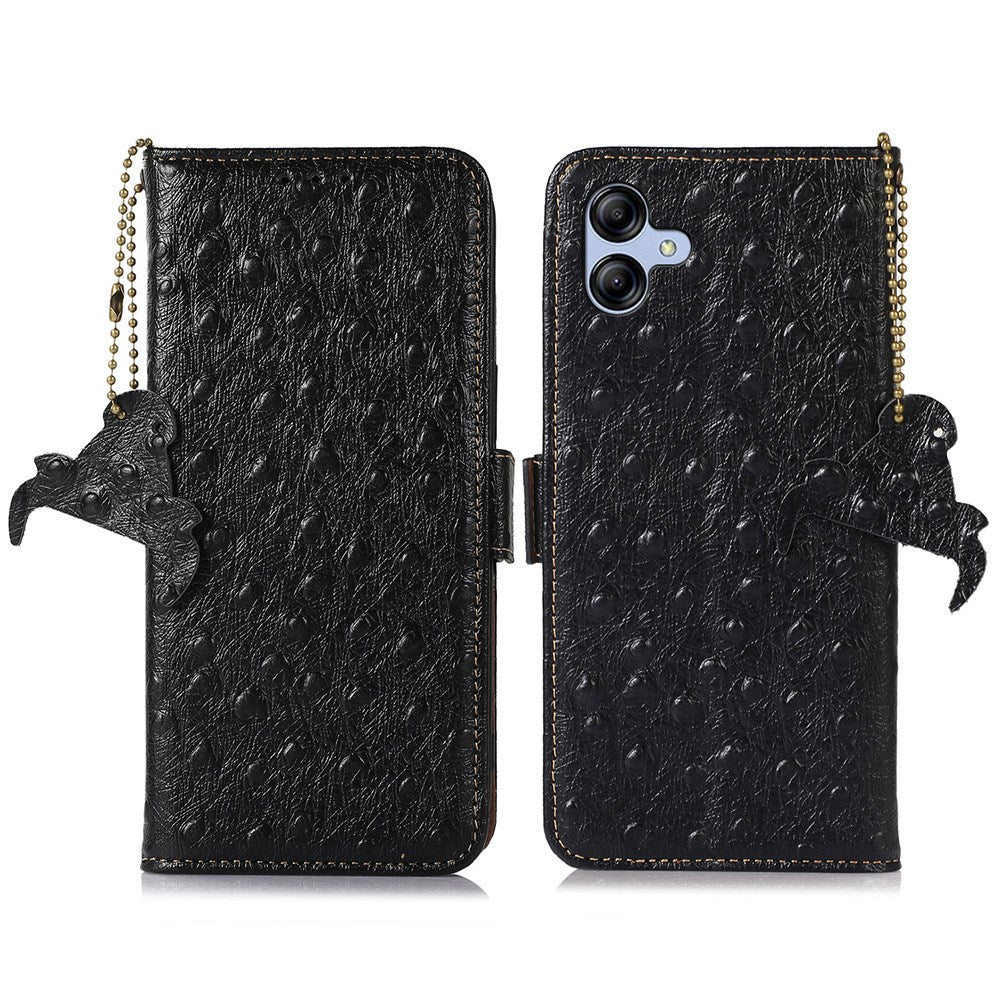 For Samsung Galaxy A04e 4G RFID Blocking Phone Cover Ostrich Pattern Genuine Cowhide Leather Stand Wallet Case