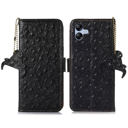 For Samsung Galaxy A04e 4G RFID Blocking Phone Cover Ostrich Pattern Genuine Cowhide Leather Stand Wallet Case