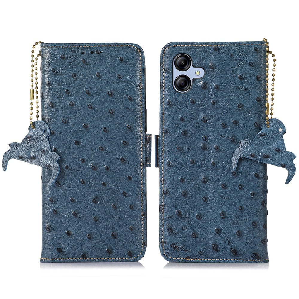 For Samsung Galaxy A04e 4G RFID Blocking Phone Cover Ostrich Pattern Genuine Cowhide Leather Stand Wallet Case