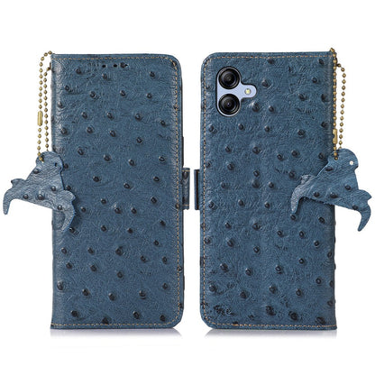 For Samsung Galaxy A04e 4G RFID Blocking Phone Cover Ostrich Pattern Genuine Cowhide Leather Stand Wallet Case