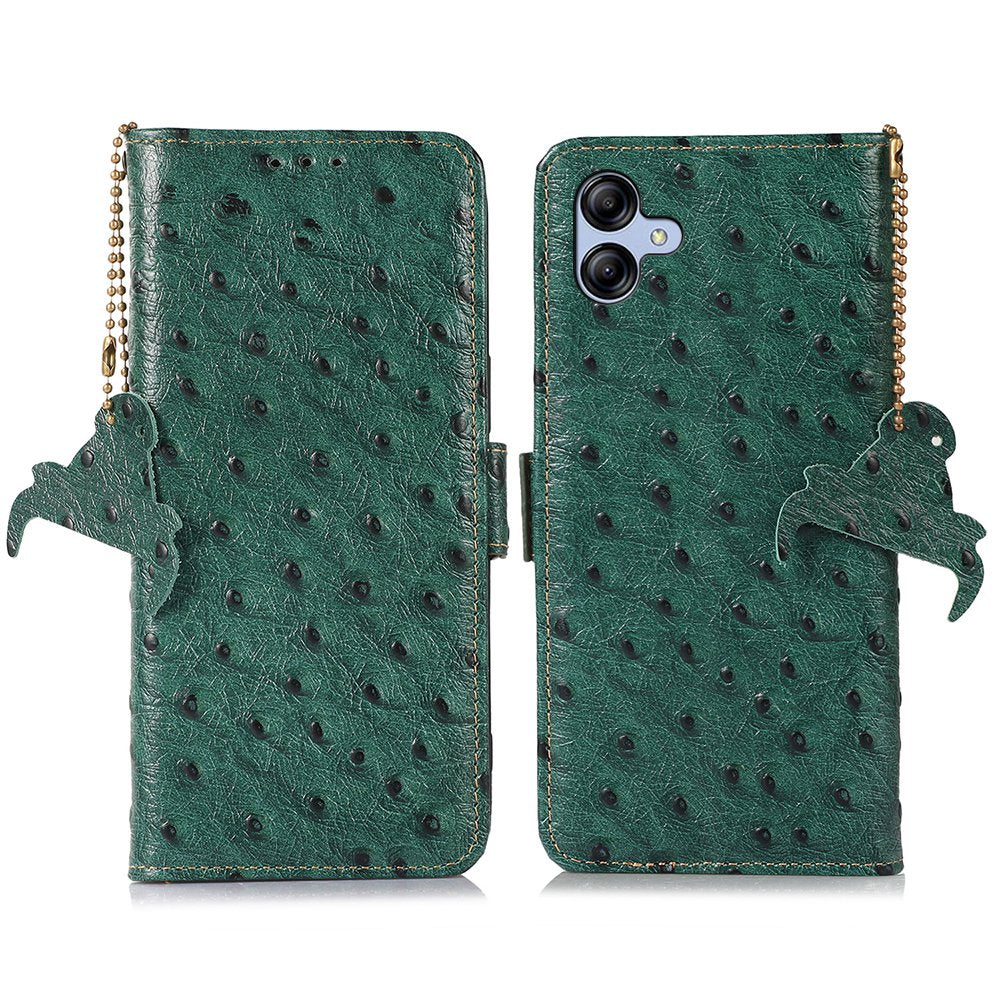 For Samsung Galaxy A04e 4G RFID Blocking Phone Cover Ostrich Pattern Genuine Cowhide Leather Stand Wallet Case