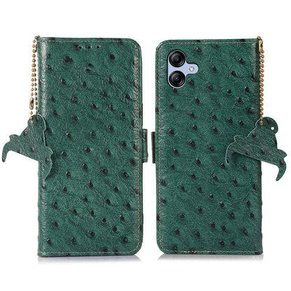 For Samsung Galaxy A04e 4G RFID Blocking Phone Cover Ostrich Pattern Genuine Cowhide Leather Stand Wallet Case