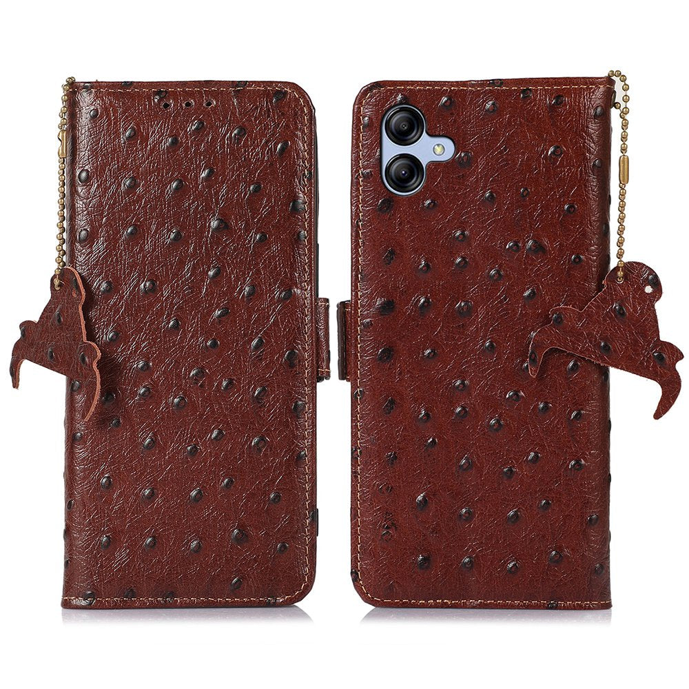 For Samsung Galaxy A04e 4G RFID Blocking Phone Cover Ostrich Pattern Genuine Cowhide Leather Stand Wallet Case