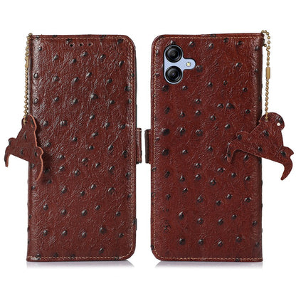 For Samsung Galaxy A04e 4G RFID Blocking Phone Cover Ostrich Pattern Genuine Cowhide Leather Stand Wallet Case