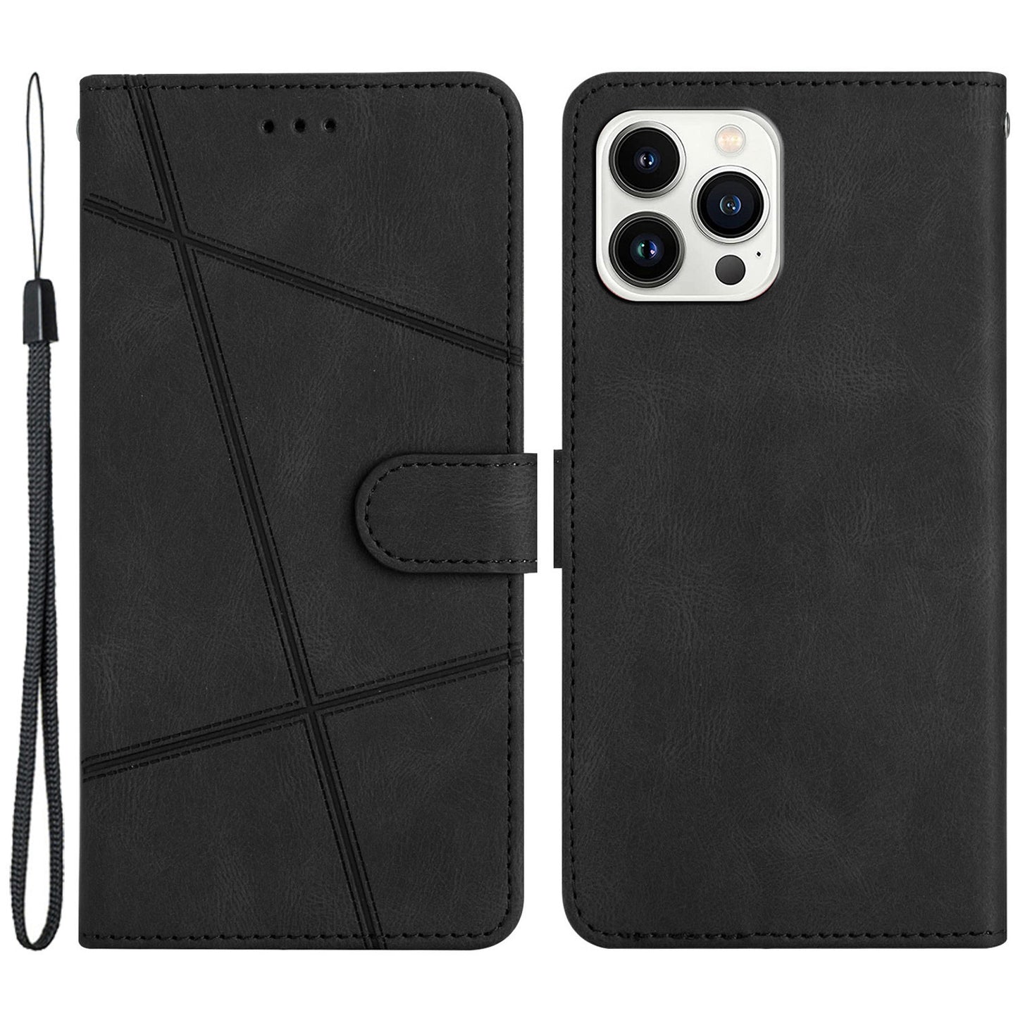 Wallet Phone Case for iPhone 13 Pro 6.1 inch Lines Imprinted Anti-Drop Stand Case Crazy Horse Texture PU Leather Cover with Strap