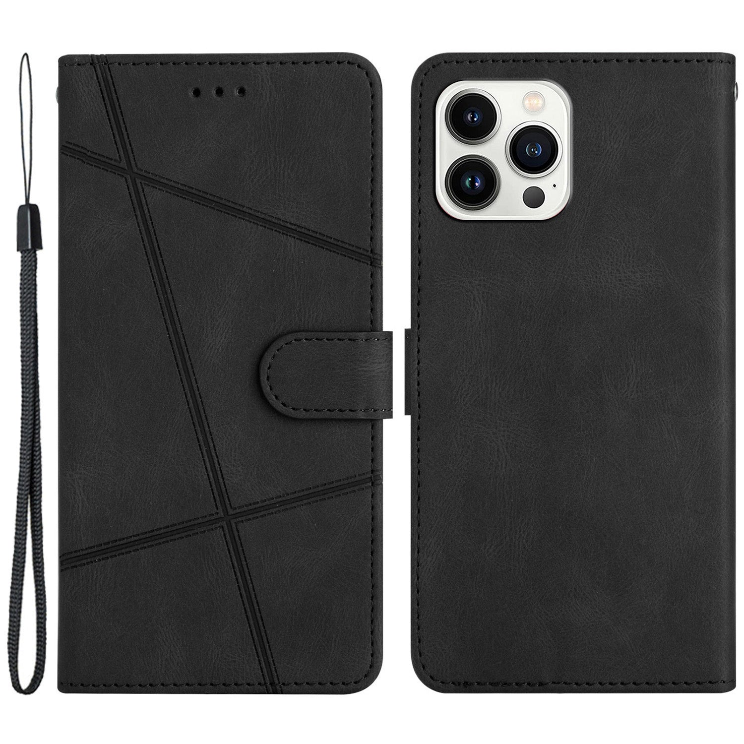 Wallet Phone Case for iPhone 13 Pro 6.1 inch Lines Imprinted Anti-Drop Stand Case Crazy Horse Texture PU Leather Cover with Strap