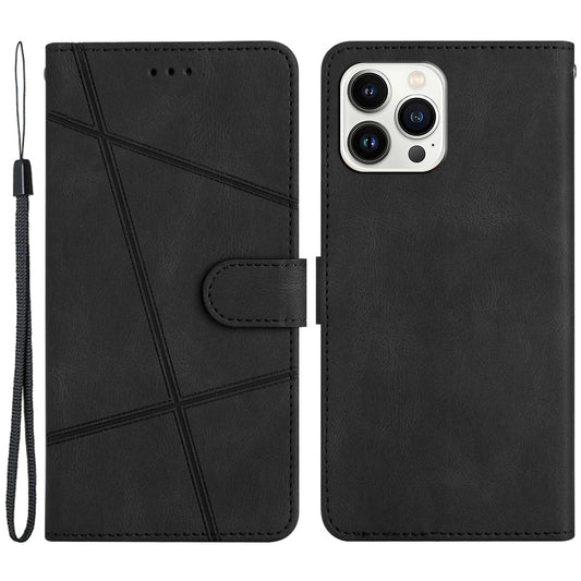 Wallet Phone Case for iPhone 13 Pro 6.1 inch Lines Imprinted Anti-Drop Stand Case Crazy Horse Texture PU Leather Cover with Strap