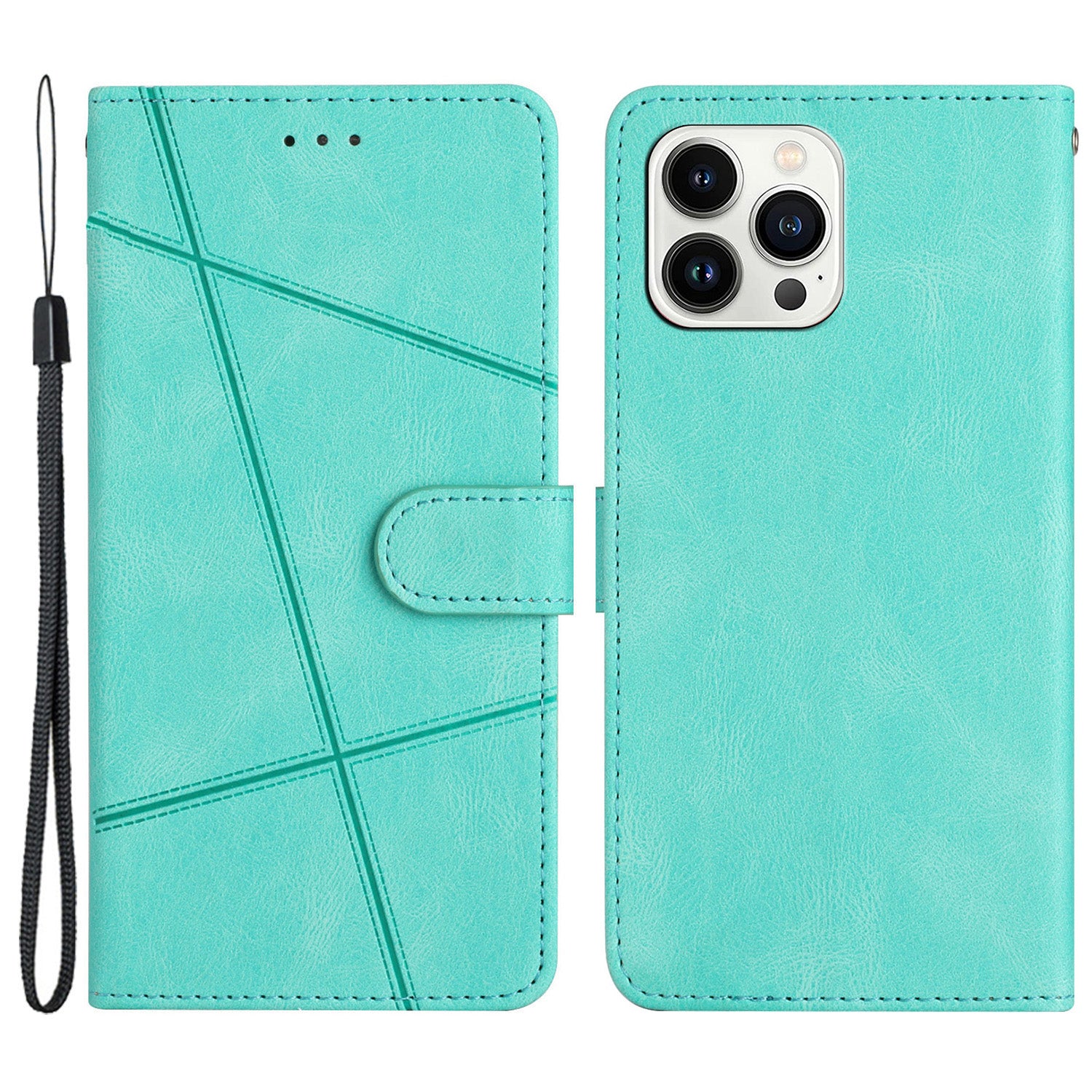 Wallet Phone Case for iPhone 13 Pro 6.1 inch Lines Imprinted Anti-Drop Stand Case Crazy Horse Texture PU Leather Cover with Strap