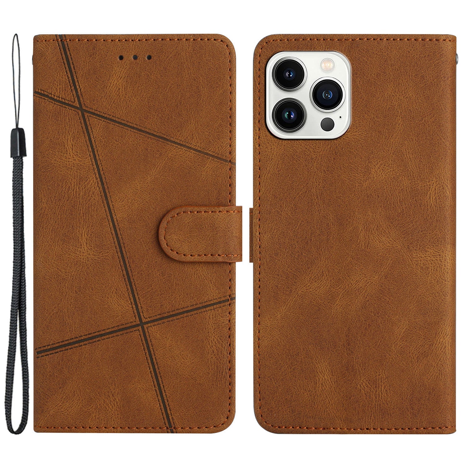 Wallet Phone Case for iPhone 13 Pro 6.1 inch Lines Imprinted Anti-Drop Stand Case Crazy Horse Texture PU Leather Cover with Strap