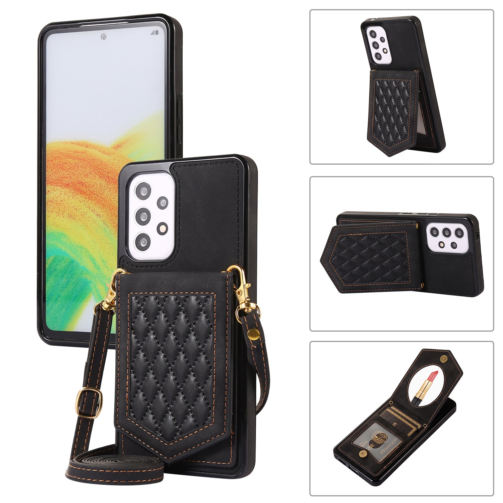 Mirror Phone Case with Shoulder Strap for Samsung Galaxy A53 5G, Imprinted PU Leather Coated TPU RFID Blocking Card Holder Protective Kickstand Cover