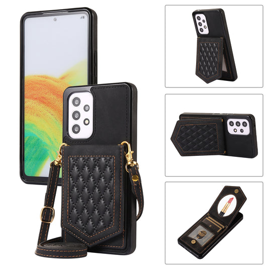 Mirror Phone Case with Shoulder Strap for Samsung Galaxy A53 5G, Imprinted PU Leather Coated TPU RFID Blocking Card Holder Protective Kickstand Cover