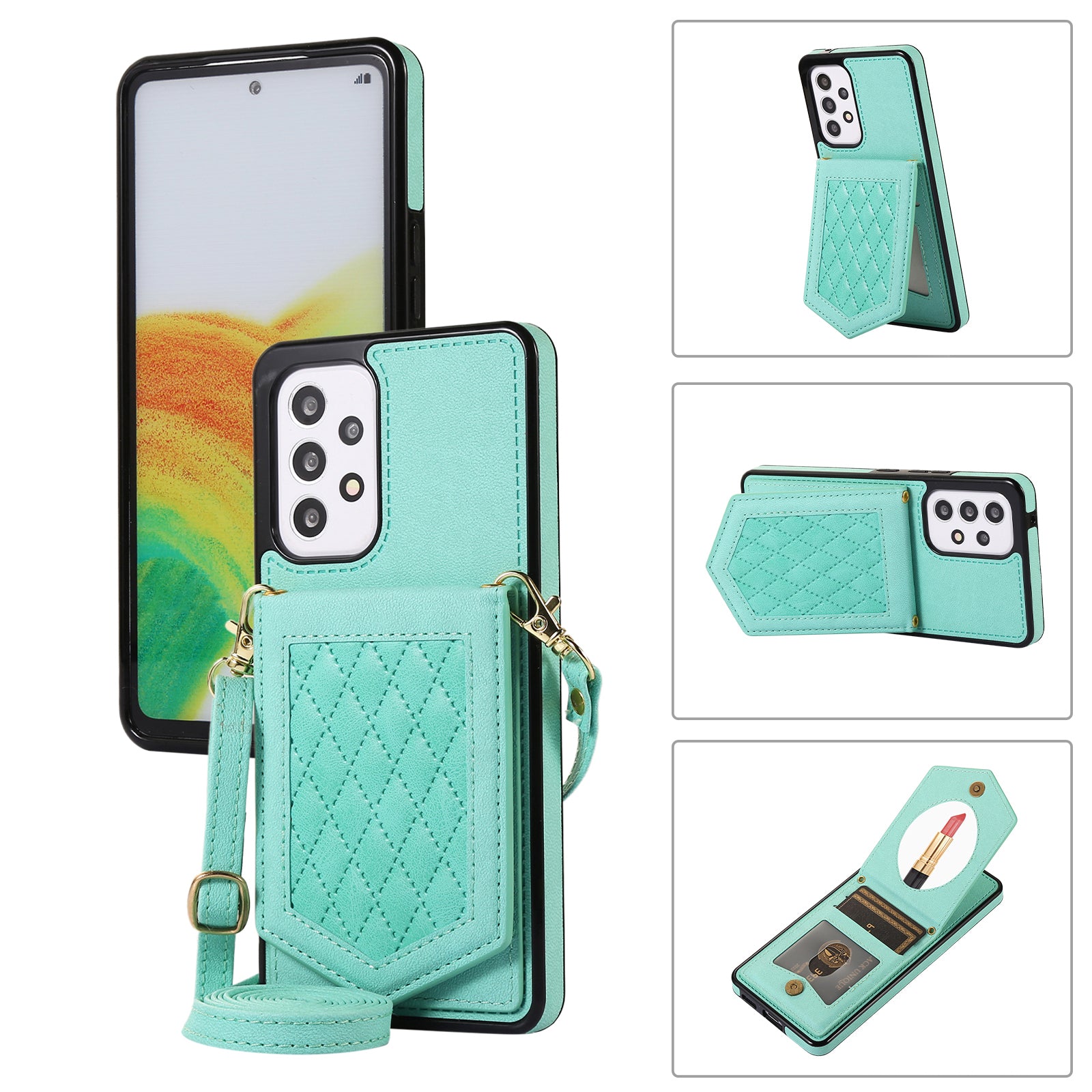 Mirror Phone Case with Shoulder Strap for Samsung Galaxy A53 5G, Imprinted PU Leather Coated TPU RFID Blocking Card Holder Protective Kickstand Cover