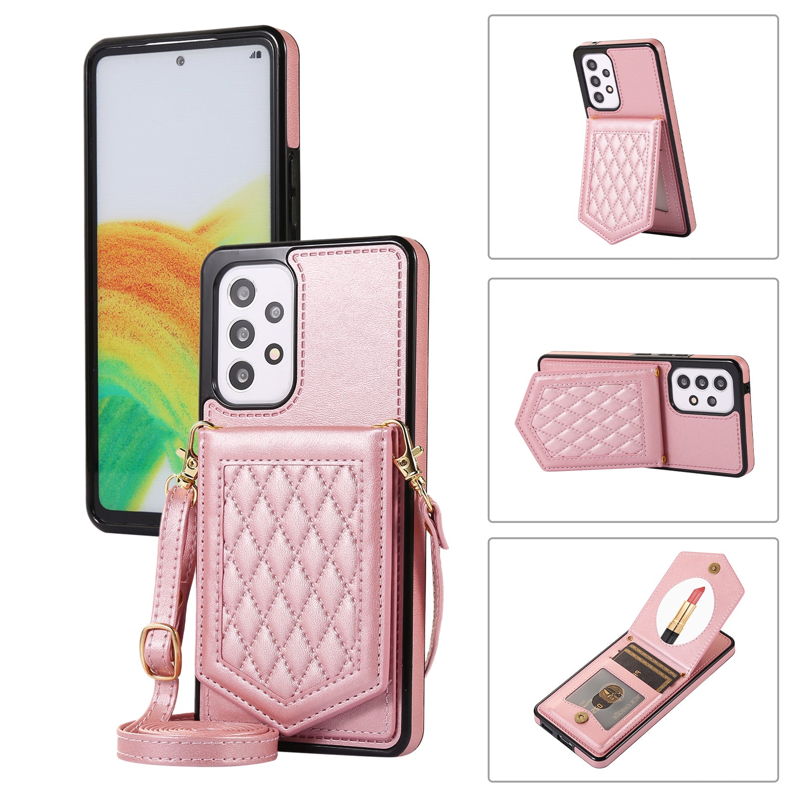 Mirror Phone Case with Shoulder Strap for Samsung Galaxy A53 5G, Imprinted PU Leather Coated TPU RFID Blocking Card Holder Protective Kickstand Cover