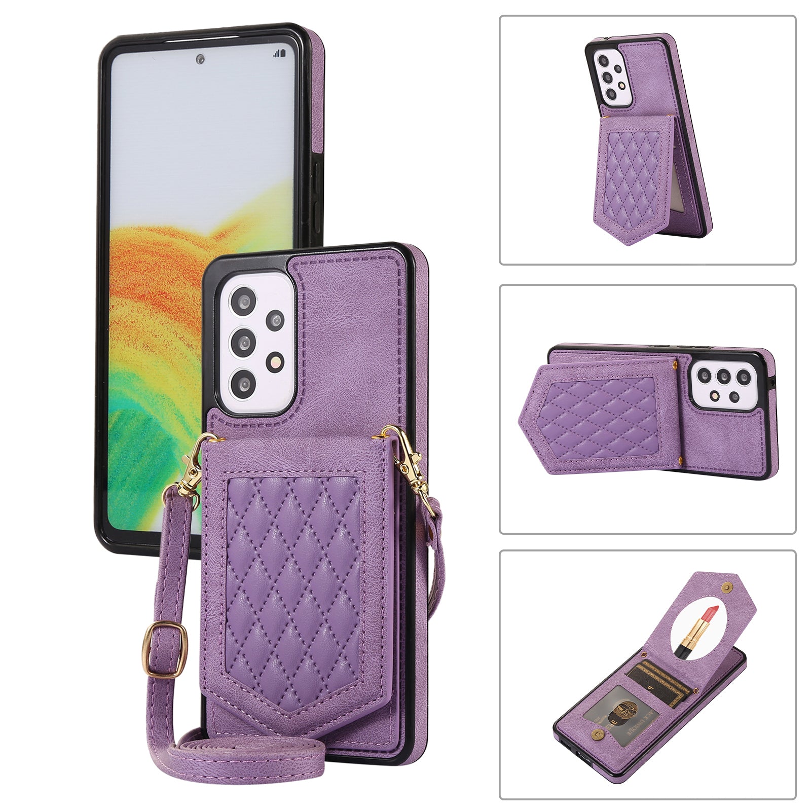 Mirror Phone Case with Shoulder Strap for Samsung Galaxy A53 5G, Imprinted PU Leather Coated TPU RFID Blocking Card Holder Protective Kickstand Cover