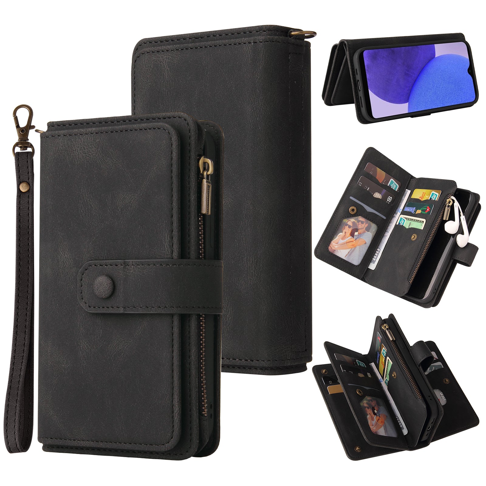 For Samsung Galaxy A23e / A23s KT Multi-Functional Series-2 Bump Proof Phone Shell, Multiple Card Slots Skin-touch Feeling Stand Wallet Flip Leather Case with Zipper Pocket