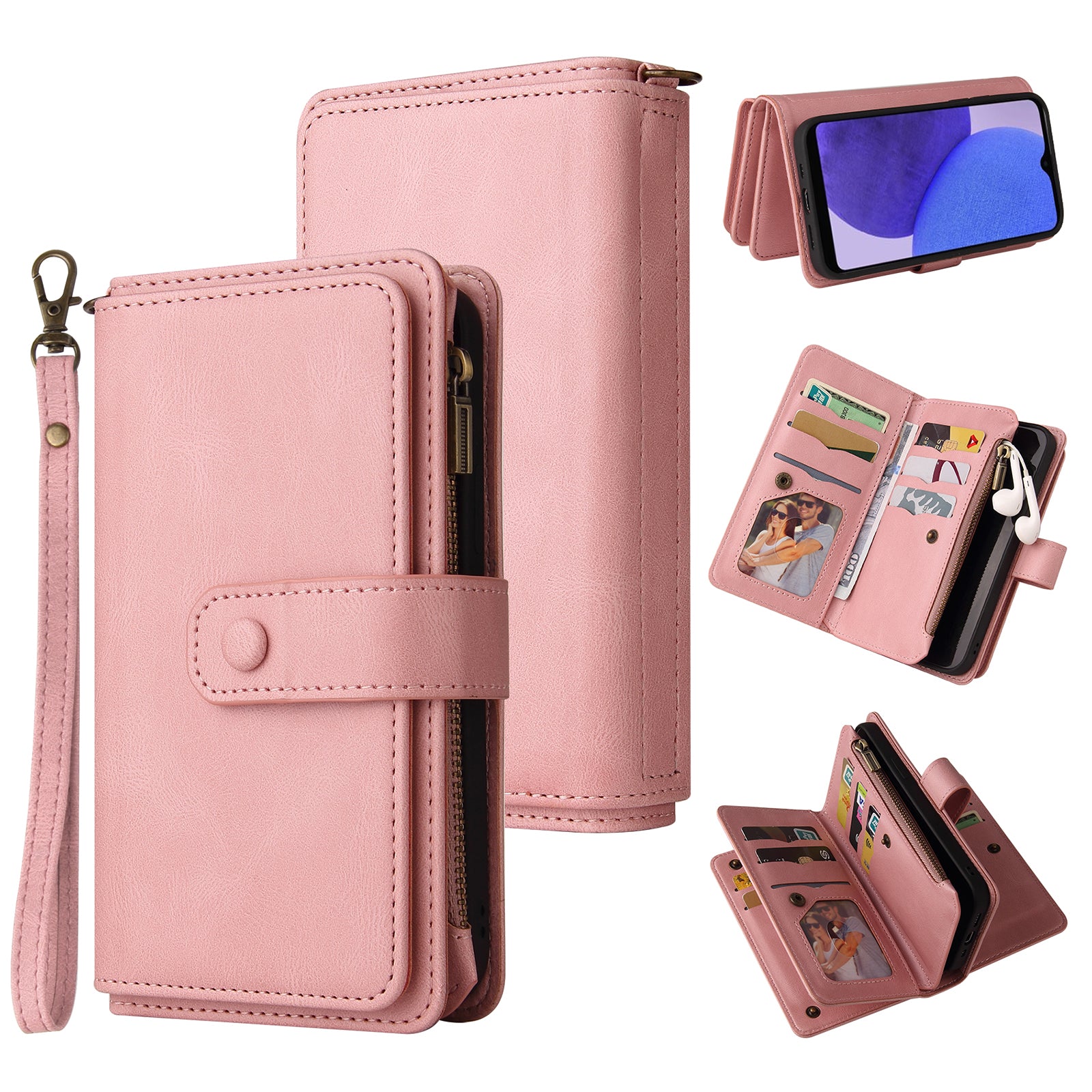 For Samsung Galaxy A23e / A23s KT Multi-Functional Series-2 Bump Proof Phone Shell, Multiple Card Slots Skin-touch Feeling Stand Wallet Flip Leather Case with Zipper Pocket